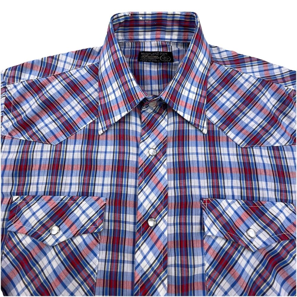 Vintage JcPenney Western Shirt Mens 16 33 Blue Plaid Pearl Snap 70s Cowboy